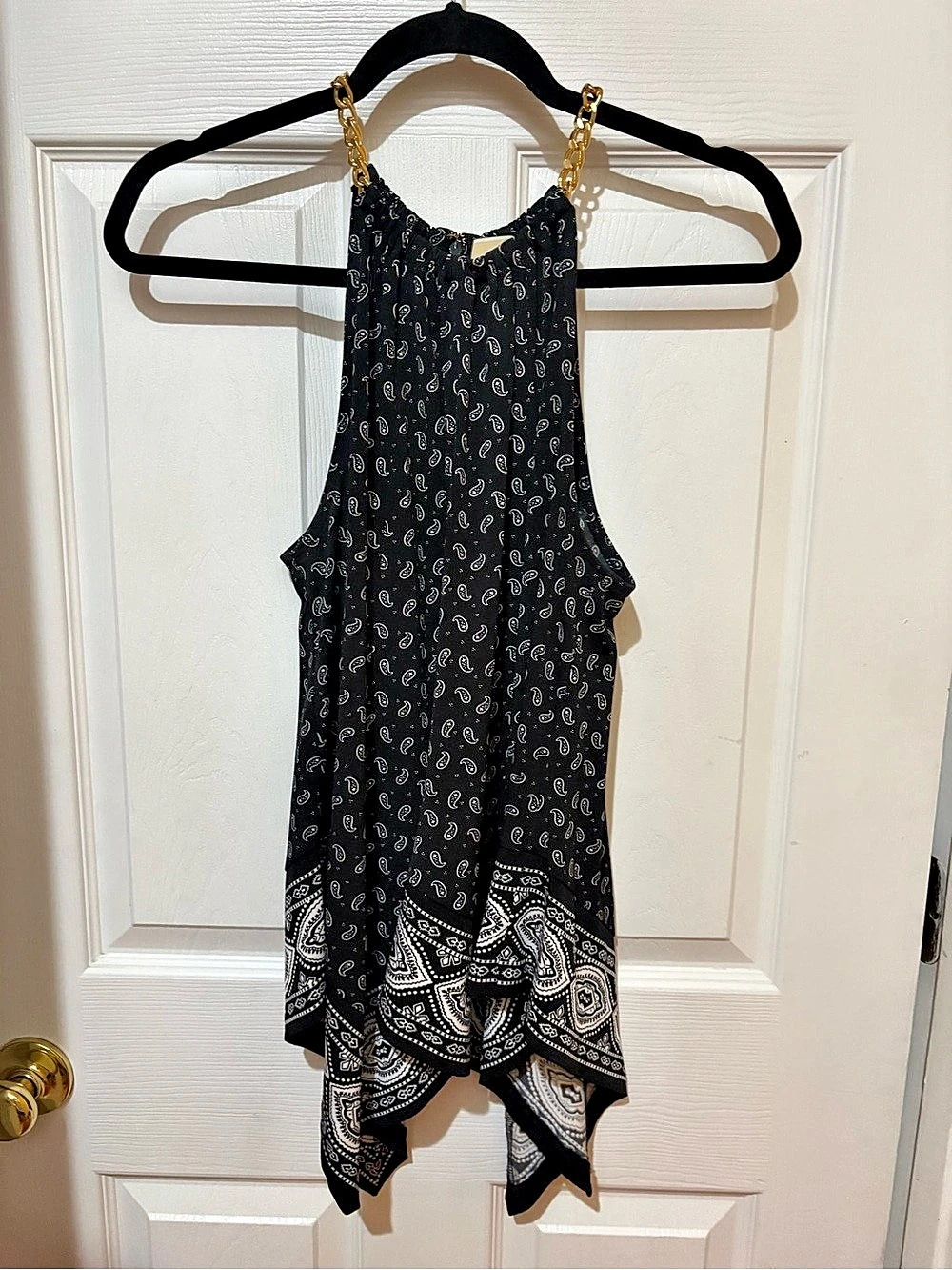 Michael Kors Paisley Chain Neck Halter Top Black & White Large